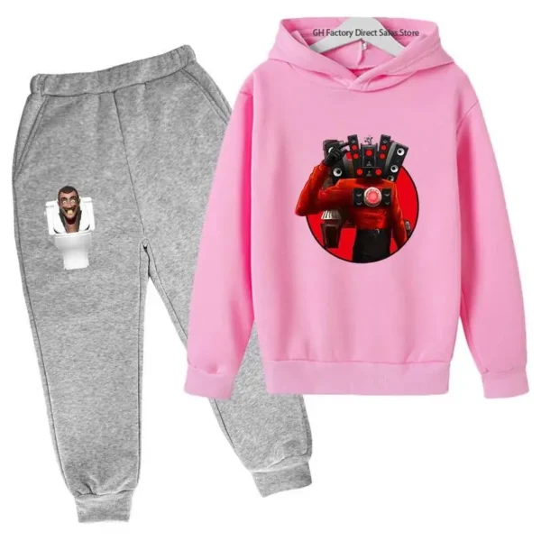 Kids Skibidi Toilet funny cartoon print hoodie and pants tracksuit set (ages 3-13) - front view. ```