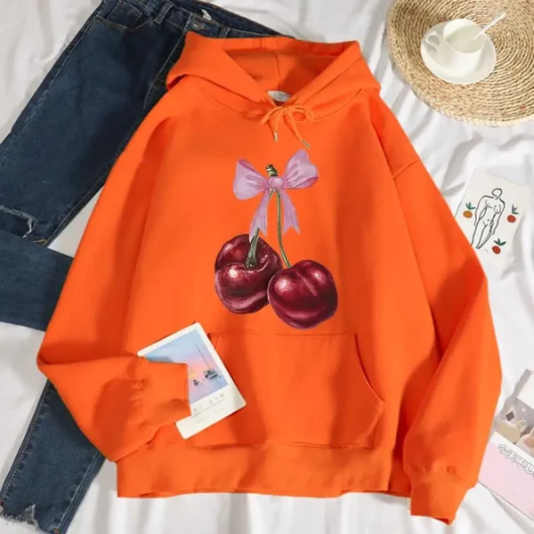 Women's Cherry Print Fleece Hoodie for Fall