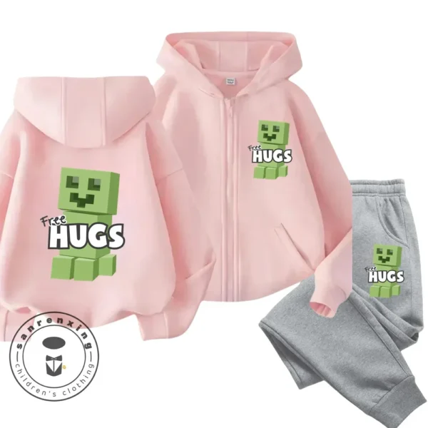 Child wearing Minecraft themed zipper hoodie and matching pants set with hood up.