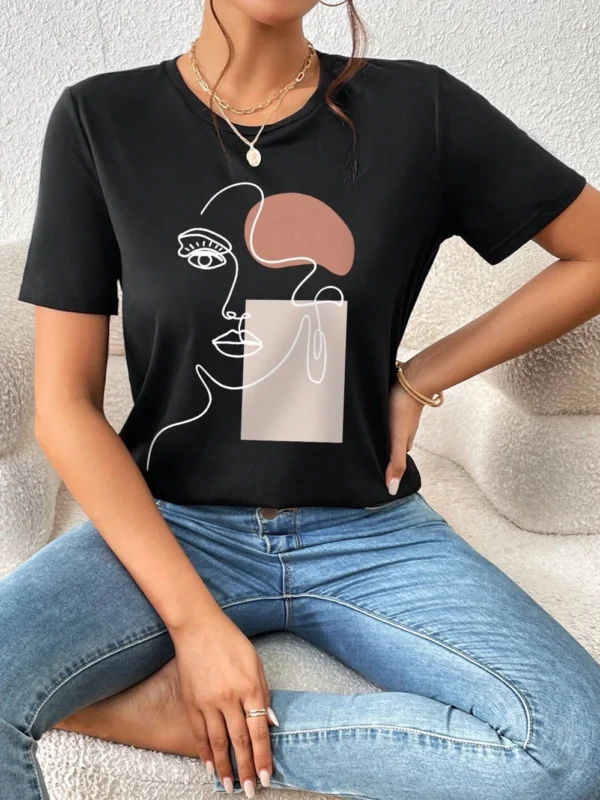 White 100% cotton women's t-shirt featuring a black minimalist artistic face print. Casual short sleeve crew neck graphic tee.