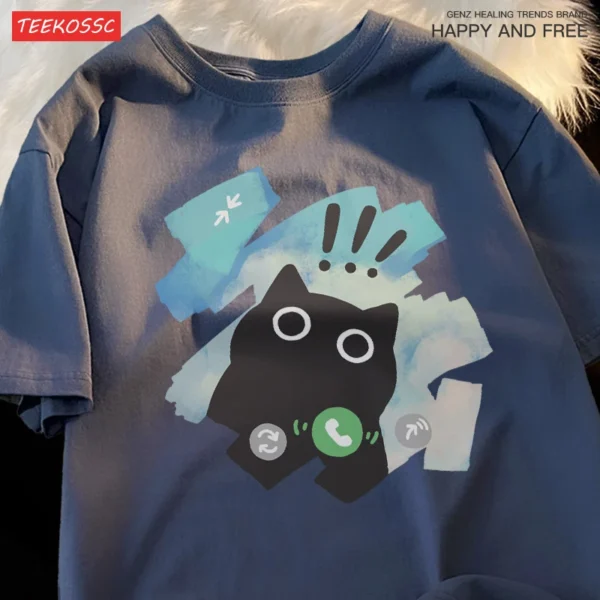 Woman wearing a cute scared cat graphic t-shirt.