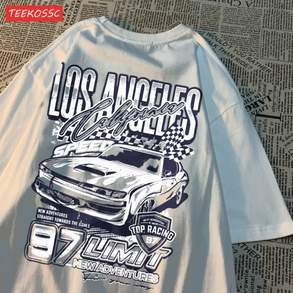 Loose fit t-shirt featuring a vibrant cartoon racing car graphic print.