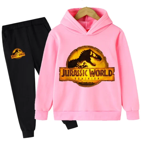 Child wearing fun dinosaur print hoodie and matching pants set - outfit for boys and girls.