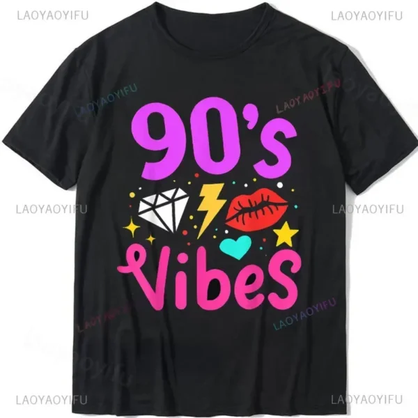Woman wearing a white 'I Love The 90s / Take Me Back To The 90s' retro graphic tee against a plain background.