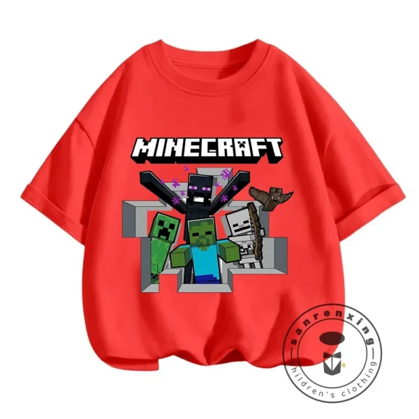 Young boy wearing a blue short-sleeve t-shirt with a large colourful graphic of the Minecraft character CatNap on the front.