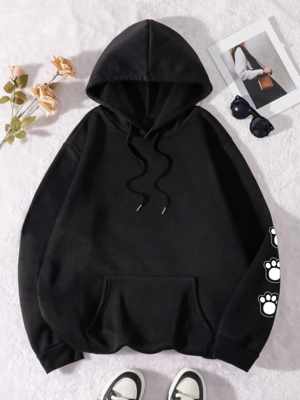 Grey pullover hoodie with warm fleece lining featuring a funny cartoon dog print that says "Talk To The Paw".
