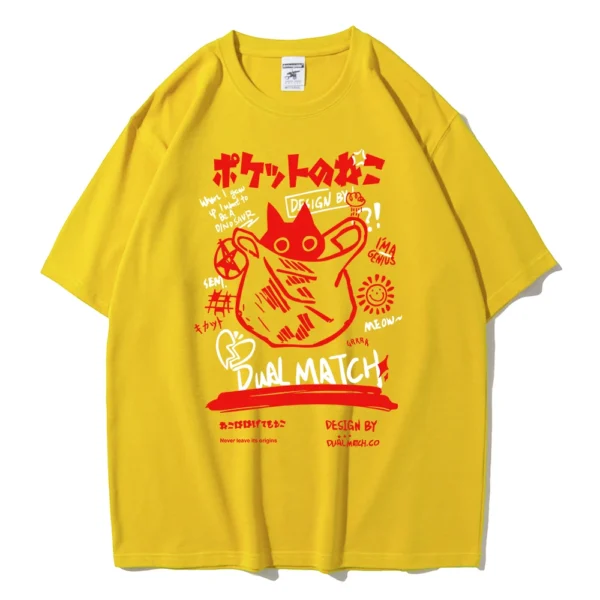 Unisex white t-shirt with large kawaii cartoon cat graphic print on the front