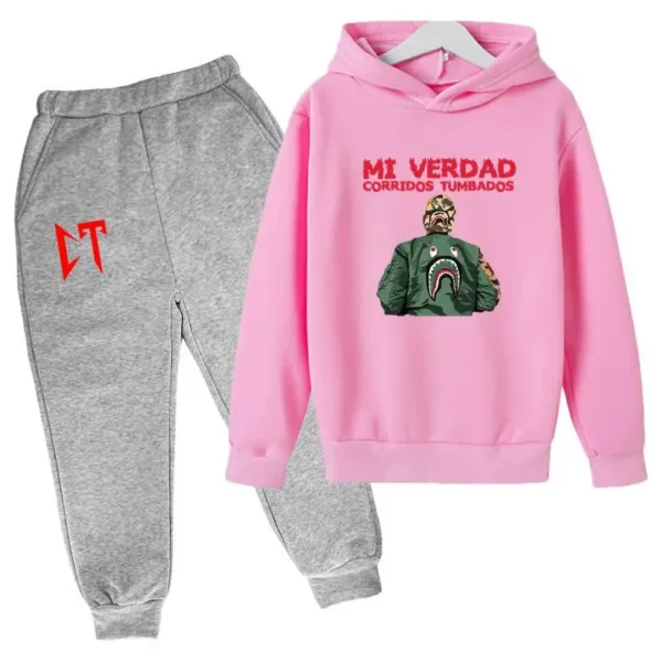 Kids unisex Corridos Tumbados print tracksuit set with pullover hoodie and pants - front view.