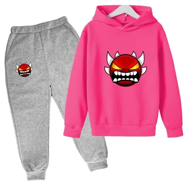 Kids cartoon geometric print pullover hoodie and matching pants tracksuit set for boys and girls.
