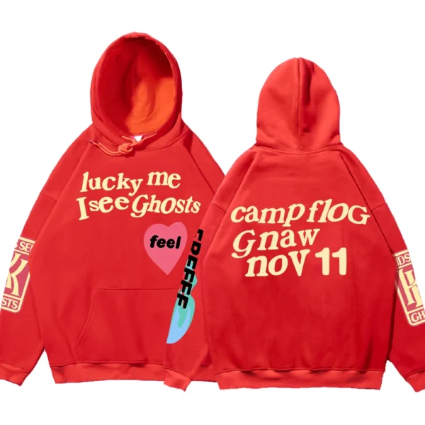 Oversized black fleece hoodie with white 'Luck Me I See Ghosts' graffiti text print on the chest - unisex streetwear style.