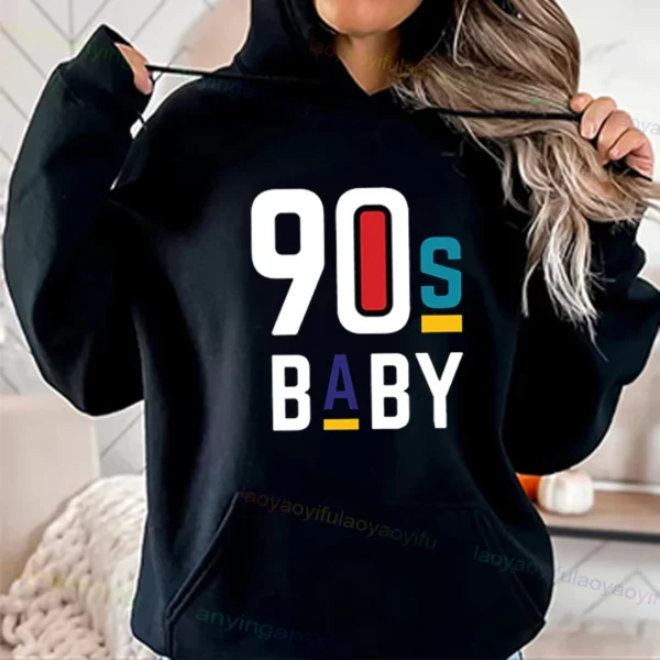 Woman wearing a vibrant neon hoodie with 'Take Me Back To The 90's' graphic print