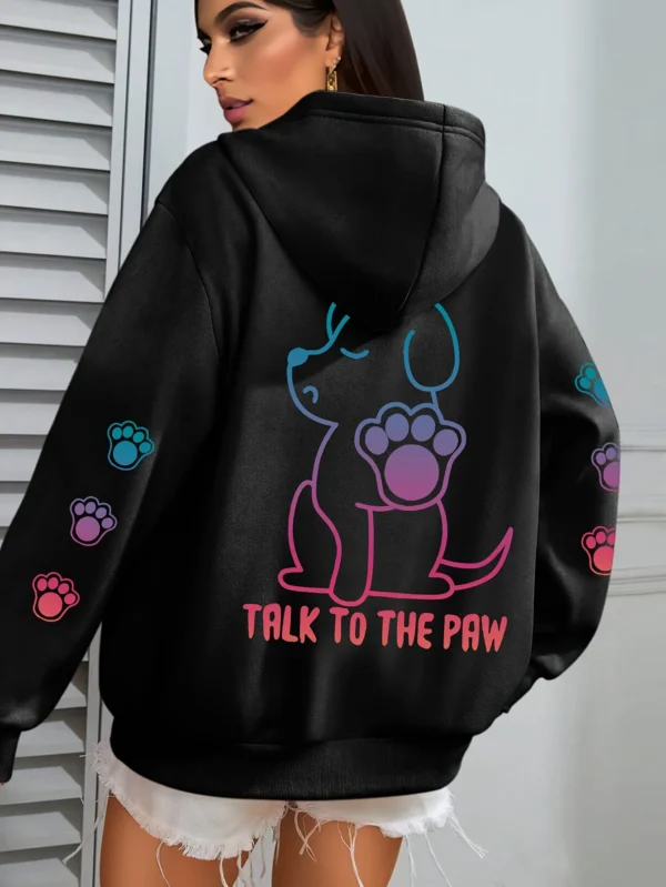 Grey fleece pullover hoodie for women with funny 'Talks To The Paw' dog print.