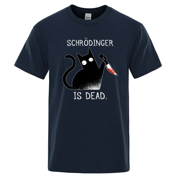 Men's black cotton t-shirt with funny 'Schrodinger Is Dead' black cat physics science graphic.