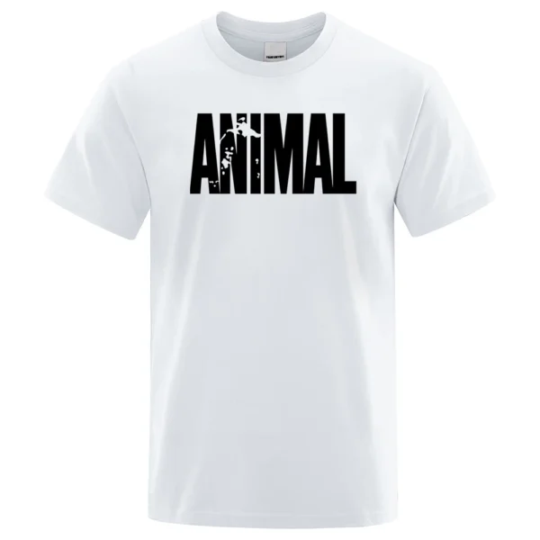Men's oversized white cotton t-shirt featuring a funny animal letter print graphic and O-neck collar.