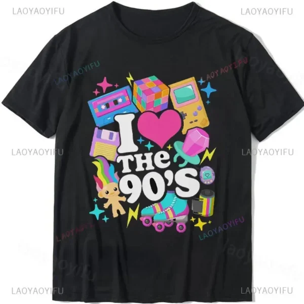 Woman wearing a white 'I Love The 90s / Take Me Back To The 90s' retro graphic tee against a plain background.