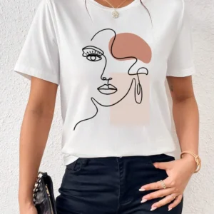White 100% cotton women's t-shirt featuring a black minimalist artistic face print. Casual short sleeve crew neck graphic tee.