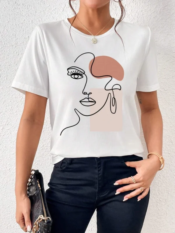 White 100% cotton women's t-shirt featuring a black minimalist artistic face print. Casual short sleeve crew neck graphic tee.