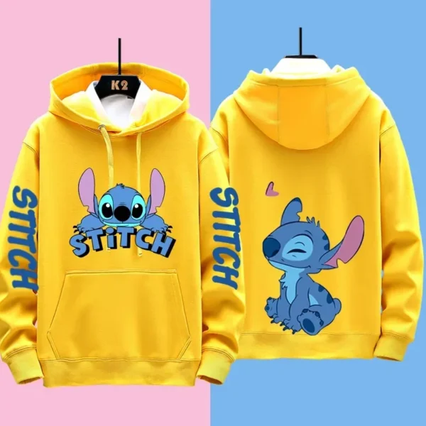 Couple wearing matching grey Disney Stitch pullover hoodies sweatshirt set - official licensed apparel.