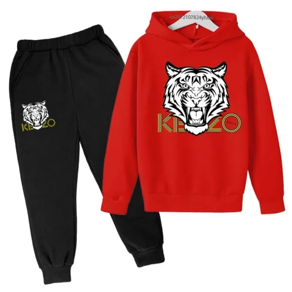 Unisex kids hoodie and pants set with bold tiger head print on the hooded sweatshirt - front view.