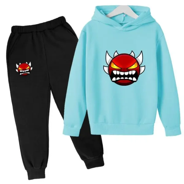 Kids cartoon geometric print pullover hoodie and matching pants tracksuit set for boys and girls.