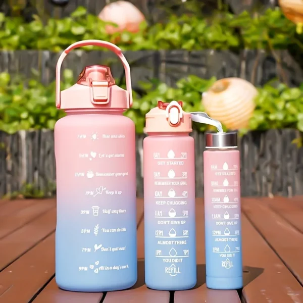 2L motivational plastic water bottle with time markers and leakproof lid for tracking daily hydration.