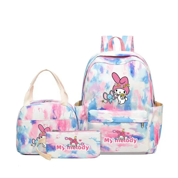 MINISO Kuromi and Cinnamoroll large capacity nylon backpack set with matching lunch bag and pencil case.