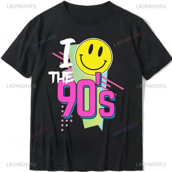 Woman wearing a white 'I Love The 90s / Take Me Back To The 90s' retro graphic tee against a plain background.