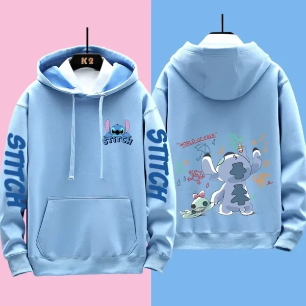 Couple wearing matching grey Disney Stitch pullover hoodies sweatshirt set - official licensed apparel.