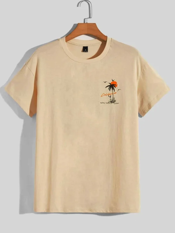 Men's oversized white cotton t-shirt with 'Set Off Again California' adventure graphic print.