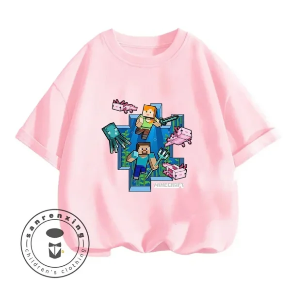 Kids Minecraft summer t-shirt featuring a colorful cartoon print inspired by the game and short sleeves.