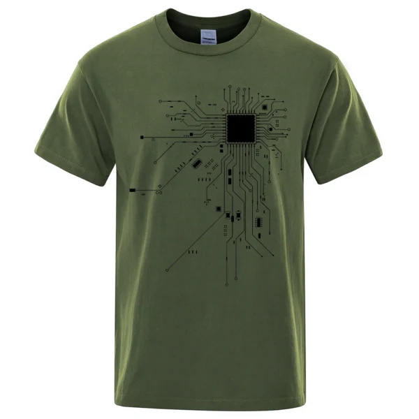 Men's cotton t-shirt featuring a detailed white CPU processor circuit diagram graphic on a dark background.