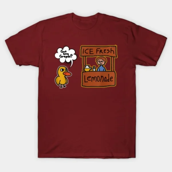 Funny "Got Grapes?" lemonade graphic t-shirt.