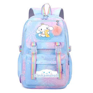 Front view of the MINISO Kuromi & Cinnamoroll backpack showing the cute character print on a large nylon bag.