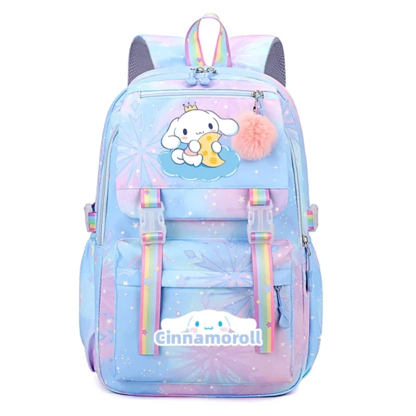 Front view of the MINISO Kuromi & Cinnamoroll backpack showing the cute character print on a large nylon bag.