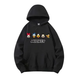 Woman wearing warm oversized knit hoodie pullover with a 3D Mickey Mouse pattern print.
