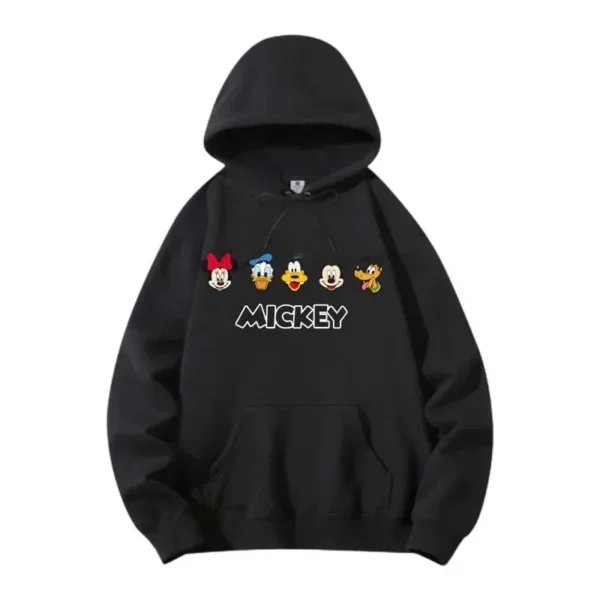 Woman wearing warm oversized knit hoodie pullover with a 3D Mickey Mouse pattern print.