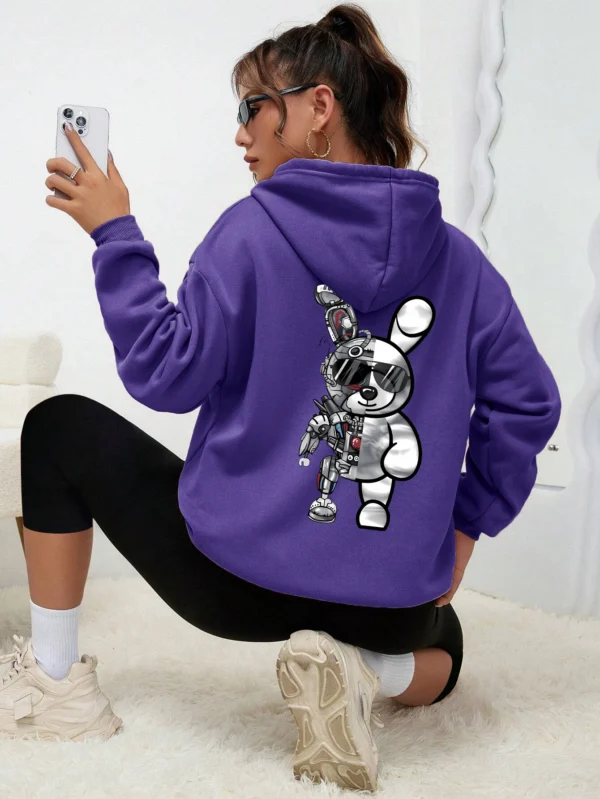 Women's Robot Rabbit Cartoon Print Fleece Hoodie
