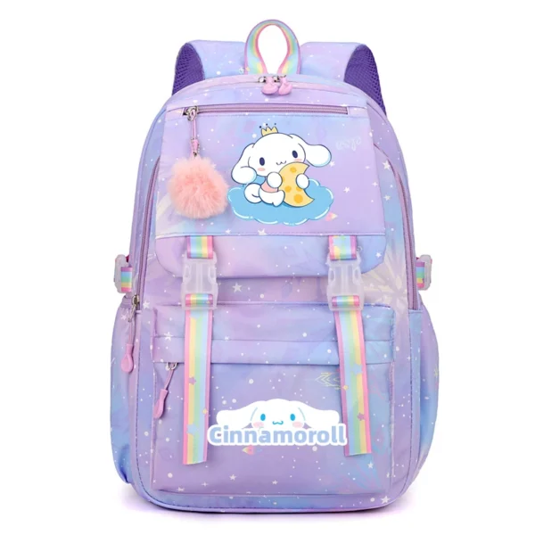Front view of the MINISO Kuromi & Cinnamoroll backpack showing the cute character print on a large nylon bag.