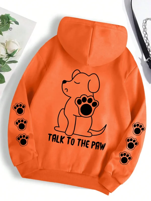Grey pullover hoodie with warm fleece lining featuring a funny cartoon dog print that says "Talk To The Paw".