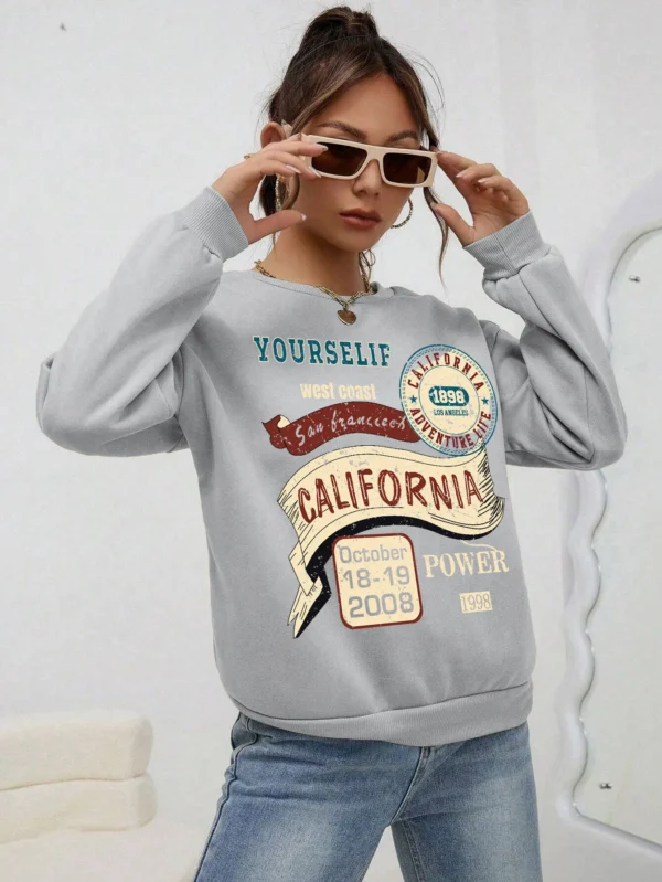 Women's loose fit fleece-lined hoodie sweatshirt with 'California Yourself' letter print on the front.