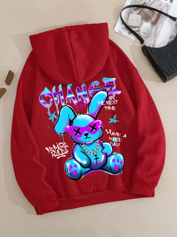 Women's oversized kawaii streetwear sweatshirt with rabbit cartoon print and cozy artificial fur lining.