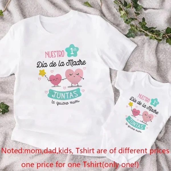 Mom and baby wearing matching white 'Our First Mother's Day' t-shirt and bodysuit outfit set.