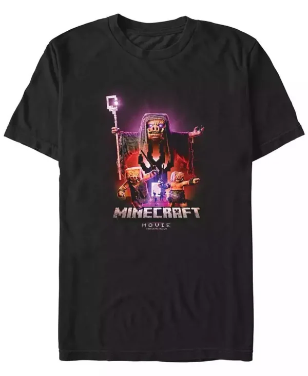 Fifth Sun Men's cotton t-shirt with Minecraft Movie graphic showing Piglins emerging from a Nether portal.