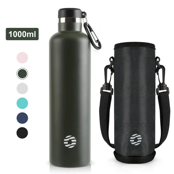 FEIJIAN 1L silver stainless steel vacuum insulated water bottle with leak-proof cap.