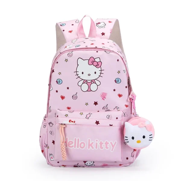 MINISO Sanrio Characters kawaii nylon backpack for girls with matching wallet charm.