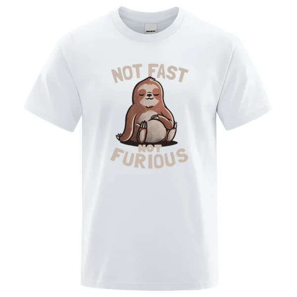 Oversized white cotton t-shirt for men featuring a funny kawaii sloth print and the text "Not Fast Not Furious". ```