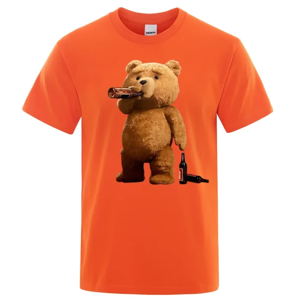 Men's grey casual t-shirt with a funny graphic print showing a cartoon teddy bear drinking a pint of beer.