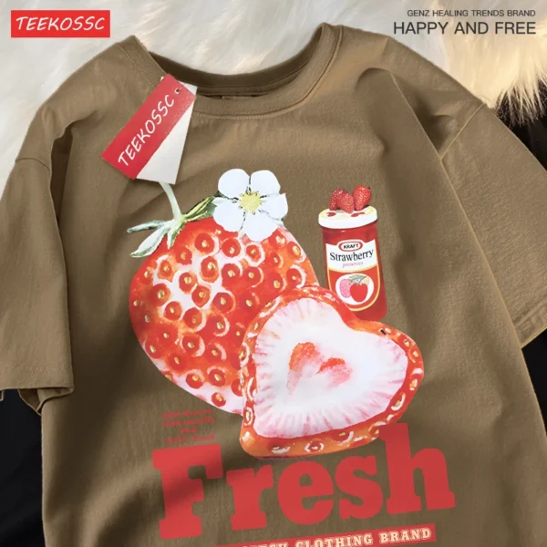Unisex t-shirt with American retro strawberry graphic print. Loose fit