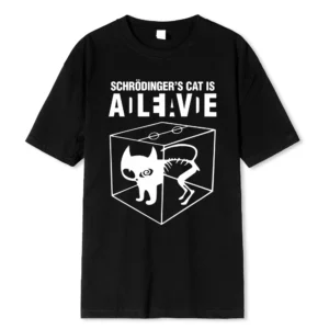 Men's black 100% cotton t-shirt with a white graphic print illustrating the Schrodinger's Cat thought experiment.