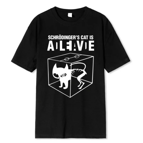 Men's black 100% cotton t-shirt with a white graphic print illustrating the Schrodinger's Cat thought experiment.